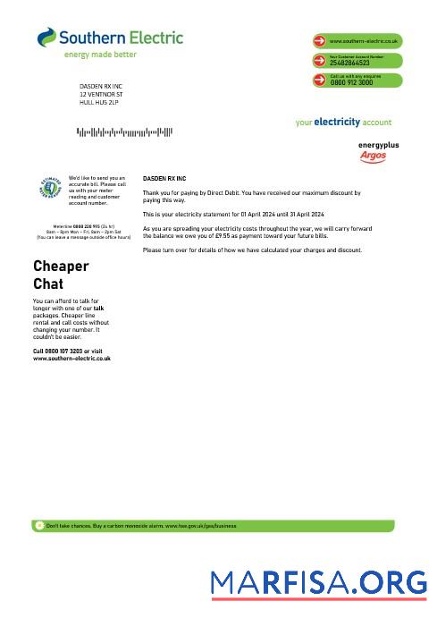 Downloadable United Kingdom Southern Electric proof of address business utility bill template in Word and PDF formats